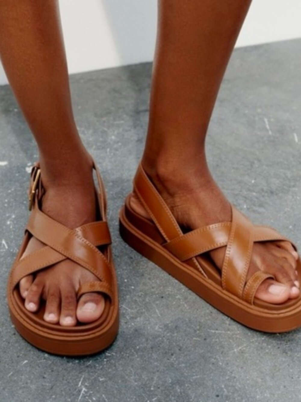 ZARA Brown CROSS STRAP FLAT SANDALS Gold Buckle Women's Size 40 or US 9 NEW